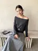 Suéter Tejido Jianhe 2026 Primavera Estilo Minimalista Versátil Usable Hombros Descubiertos Manga Murciélago de Tencel para Mujer 59306