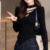 Camiseta de Manga Larga con Diseño Asimétrico Talla Grande para Mujer Otoño e Invierno 2025 Nuevo Look Holgado Adelgazante Top que Cubre la Carne Camiseta Básica