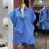 Ropa Femenina Transfronteriza Europea y Americana 2025 Nueva Moda Otoño Solapa Camisa de Cintura con Rayas Azules Traje de Shorts de Pierna Ancha
