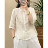 Camisa Bordada de Algodón Lino Artística Retro para Mujer 2026 Verano Delgado Transpirable Manga de Cinco Puntas Top Suelto Adelgazante
