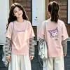 Camiseta de manga larga tipo dos piezas de imitación para niños, colección otoño 2026, para niñas, 100% algodón, cuello redondo, corte holgado, diseño lindo de caricatura, top básico