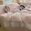 Juego de ropa de cama de cuatro piezas de algodón lavado con encaje color crema estilo japonés para niñas, funda de edredón estilo coreano, sábana bajera y funda de edredón, juego de tres piezas para dormitorio