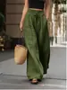 Pantalones de verano de cintura alta, holgados, de pierna ancha para mujer, color liso, cintura con cordón, pantalones largos casuales, estilo europeo y americano transfronterizo, pantalones versátiles de largo hasta el suelo