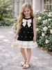 Vestido de Verão Infantil para Meninas, Color Block Preto e Branco, Sem Mangas, Vestido Princesa com Babados e Laço de Pérola, Roupa Infantil para Exportação