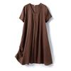 Vestido de Lino Francés Teñido en Hilo con Plisados Tridimensionales, Cuello en V, Corte Suelto Acampanado Adelgazante, Artístico, de Manga Corta