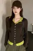 Nuevo abrigo de punto con bloques de color para otoño e invierno, versátil y adelgazante, estilo coreano de dos piezas falsas, cárdigan de punto de manga larga para mujer