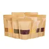 Sacos de papel kraft em estoque, sacos de papel kraft com janela transparente espessada tipo stand-up, sacos de papel autosselantes, suportam impressão personalizada de padrões