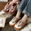 Pantuflas de Algodón con Cordones y Parche Retro para Mujer, Invierno Felpa Cálida Suela Gruesa Antideslizante Medio Cubiertas Calzado de Casa Zapatos Peludos