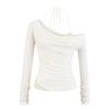 Top Patchwork de Renda Puro Desejo com Alça Assimétrica Falso Duas Peças para Mulheres, Novo Design de Outono com Gola Fluida e Camiseta de Manga Longa Off-Shoulder