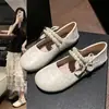 Deslumbrantes Sapatos Mary Jane Femininos Franceses 2026 Outono Novo Sapatilhas com Laço de Pérola Solado Macio Bico Raso Sapatos de Salto Baixo
