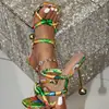 Sandalias de Tacón Alto con Punta y Estampado Verde Estilo Europeo y Americano para Mujer, Verano, Correa Fina, Envolvente, Tacón de Bola, Artículo Caliente Transfronterizo para Fiesta de Vacaciones