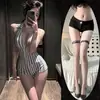 Lencería Sexy Escote Profundo Espalda Descubierta Estampado Rayado Abertura en la Entrepierna Body Ajustado Puro Deseo para Mujer Ropa de Casa
