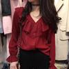 Camisa de Chiffon que Cobre a Barriga, Top Elegante com Babados, Cor Vinho para um Visual Emagrecedor, Super Delicada, Gola V, Manga Longa para Mulheres na Primavera e Outono