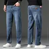 Jeans Masculino Outono e Inverno Forrado com Lã Calças Retas Largas Elásticas Business Casual Calças Versáteis Primavera e Outono