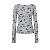 Camiseta Base de Manga Larga Gris Estampado de Mariposas de Cachemira Tencel Tejido Original MR para Mujer Otoño Delgado