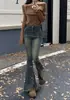 Jeans Stretch Pierna Recta Dividida Pierna Ancha 2024 Outono Nova Chegada Design de Botão na Barra Jeans de Cintura Alta