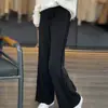 Pantalones de diseño para mujer de punto de cintura alta, color liso, con flecos deshilachados, corte ancho, holgados, adelgazantes, estilo coreano, para ir al trabajo, de pierna ancha, hasta el suelo