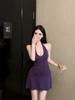 Vestido Sexy de Color Sólido con Escote Halter, Hombros Descubiertos y Espalda Descubierta para Mujeres Petite, Corte Ajustado, Ceñido a la Cintura, Bodycon Corto, Transfronterizo