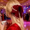 Material de Terciopelo, Gypsophila, Pinza con Lazo de Perla, Elegante Pinza para Cola de Caballo Semi-Recogida, Accesorio para el Cabello de Fiesta Estilo Navideño