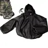 Chaqueta Corta de Cuero PU Negra Estilo Urbano para Hombre, Chaqueta con Capucha Retro Americana para Primavera y Otoño, Marca de Moda, Chaqueta de Béisbol Genial y Elegante
