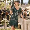 Vestido Retro Gatsby Europeo y Americano con Flecos de Bola Falda de Baile Fiesta Cuello en V Vestido de Manga Corta Adornado con Lentejuelas y Perlas