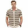 Ropa de Hombre Transfronteriza Estilo Europeo y Americano Cárdigan Casual Camisa Polo Verano Transpirable Malla Hueca Rayas Tejido Camisa Sj0118