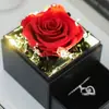 Caixa de Joias com Flor Real Rosa Imortal e Luz, Gaveta Dupla de Acrílico para Anel, Colar, Caixa de Presente