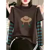 Camiseta de algodão puro com listras, estilo falso duas peças, inspirada em design, para mulheres, estilo casual preguiçoso, moderna, afina a silhueta, top de base para outono