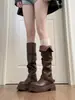 Botas de Salto Grosso Estilo Britânico para Mulheres, Botas Altas de Veludo Outono e Inverno, Botas de Pelúcia, Botas de Cavaleiro, Botas Longas