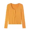 Fotos reales: Camiseta protectora del sol ligera de manga larga con cuello en U y ribete de encaje para mujer, nueva colección de otoño, top elegante 25186