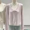 Cardigan de Punto de Seda Helada con Encaje Empalmado, Cuello en V Ligeramente Transparente, Mangas Largas, Protección Solar, Tops de Verano para Mujer