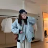 Jaqueta acolchoada de algodão estilo baseball, azul, para mulheres, leve e curta, corte solto, espessada para aquecimento, adequada para outono e inverno