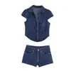 Conjunto de camisa jeans com gola virada e estampa de bolinhas + shorts, design de nicho estiloso, moda nova 2026 europeia e americana transfronteiriça