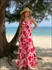 Vestido camisola romântico com estampa floral estilo francês para mulheres, estilo de férias na praia, acinturado, emagrecedor, vestido longo estilo sereia em chiffon, atacado