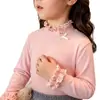 Camiseta básica para niña con dobladillo de volantes y cuello semi-alto, capa interior cálida, dulce y cómoda, con lazo y bordado de encaje, top de manga larga