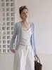 Cárdigan protector solar morado suave y ligero estilo francés para mujer, chaqueta exterior de verano fina de seda helada y lino con chaqueta de punto de cuello en V