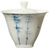 Colección de Juego de Té Kung Fu Moyi Arcilla de Jade Azul y Blanco Bambú Pintado a Mano para Uso Doméstico, incluyendo Gaiwan, Tetera, Bandeja de Té y Tazas de Té
