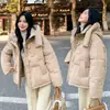 Venta de liquidación: Chamarra acolchada de plumas con capucha estilo coreano con botones de cuerno para mujer, corta, holgada, gruesa, adecuada para personas petite, abrigo de algodón de invierno