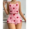 Pijama Feminino de Comércio Exterior Transfronteiriço Europeu e Americano, Conjunto de Duas Peças para Casa, Shorts com Estampa de Coração, Alças Finas, Sexy