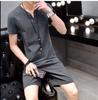 23 Novos ternos masculinos de algodão e linho de manga curta, ternos de linho de dois botões, camiseta de manga curta, shorts, conjunto casual masculino de duas peças