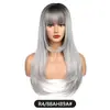 Peruca atmosférica estilo europeu e americano transfronteiriço, com cor degradê, para mulheres, aplique completo com franja, cabelo preto longo e liso, peruca ligeiramente ondulada, cabeça inteira