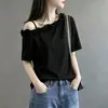 Camiseta feminina da moda plus size com babados e manga curta, novo estilo verão 2026, corte solto, modelagem que emagrece, elegante, decote assimétrico, top ombro a ombro