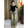 Jeans boca de sino de cintura baixa retrô americano para mulheres, novo estilo de verão 2026, com caimento fluido, modelagem justa, que afina a silhueta, versátil, jeans lavado