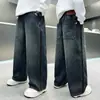 Jeans Sueltos de Pierna Ancha para Niños Medianos y Grandes, Pantalones Largos de Pierna Recta, Estilo Casual de Moda, Color Oscuro, Diseño Lavado