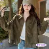 Chaqueta Corta Retro de Gamuza Color Verde Militar para Mujer Otoño Petite Casual con Diseño de Retazos a Cuadros Top