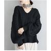 Jersey holgado de punto trenzado con cuello en V japonés y coreano 2023 nuevo color sólido manga farol trenzado suéter top adelgazante
