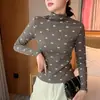 H578 Elegante Camiseta Básica de Cuello Alto Parcial Ajustada con Lazo y Estampado Floral de Manga Larga para Mujer, Directo del Fabricante