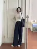 Calça Casual Feminina de Algodão Elástico na Cintura, Cor Sólida Vintage, Primavera, Cintura Alta, Emagrecedora, Reta, Perna Larga