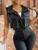 Moda Casual Europeia e Americana Transfronteiriça Feminina Casaco de Couro com Zíper Drawstring com Capuz Bolso Colete Curto de Couro PU Novo Produto Outono e Inverno