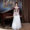 Vestido de Noite Vermelho com Alças Finas para Mulheres, Vestido Longo de Renda Estampado Fora do Ombro com Barra Larga, Elegante Vestido Longo Estilo Banquete